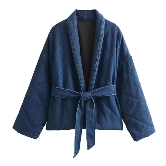 Denim Blue V-Neck Long Sleeve Belt Decorate Cardigan Female Chic Streetwear Styl - Picture 6 of 7